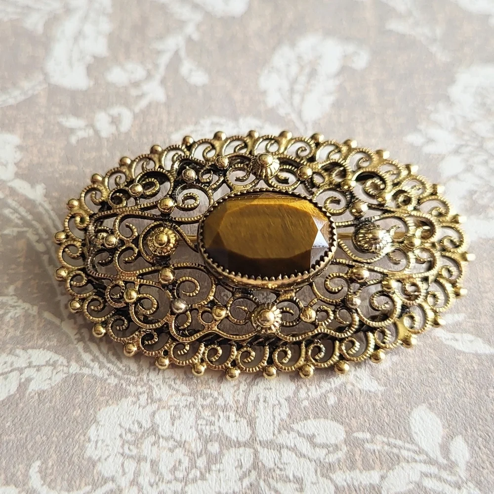 Vintage Danecraft Sterling Filigree Tiger’s Eye Brooch ✨